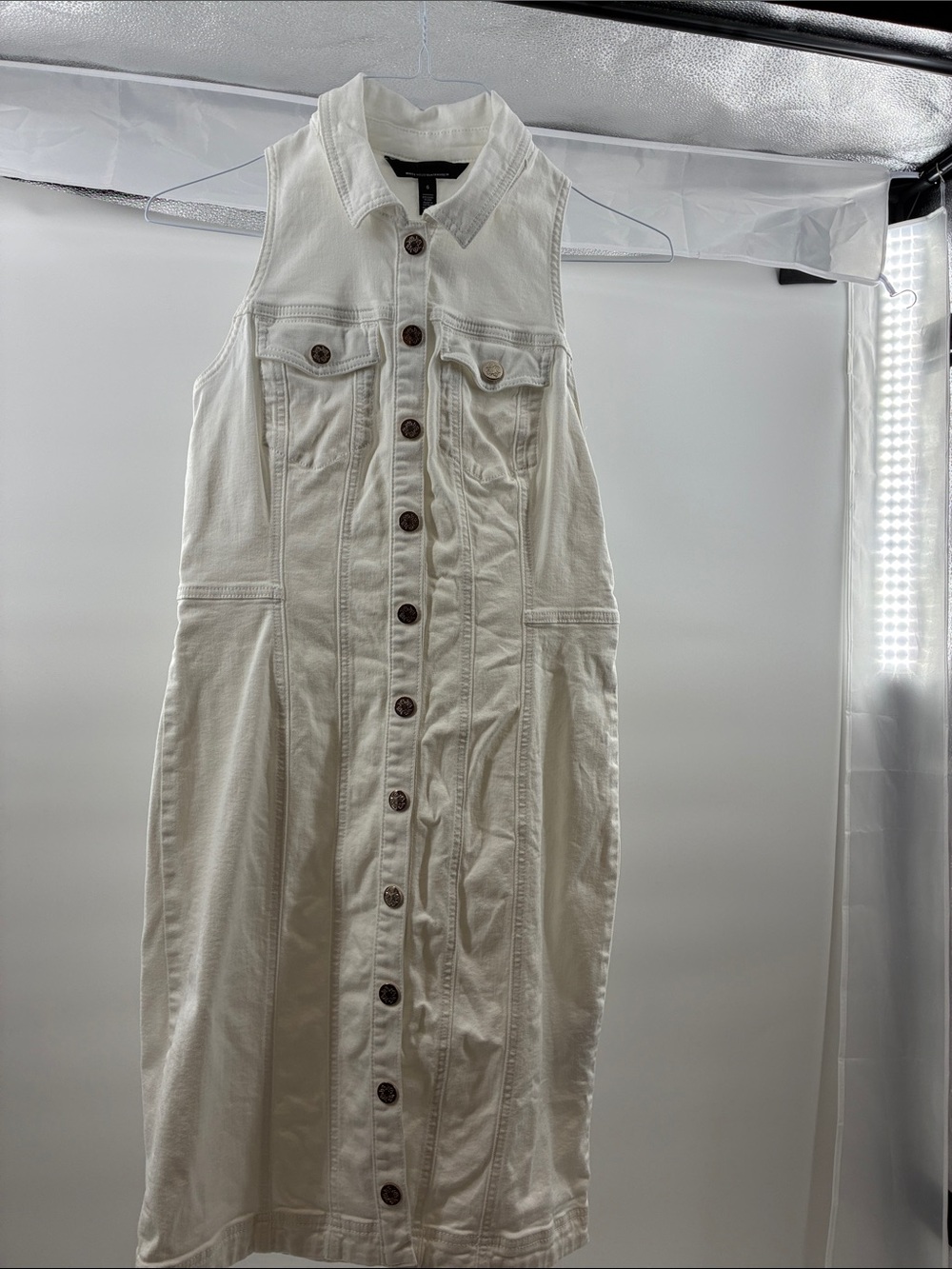 Sleeveless Button-Front White Denim Dress